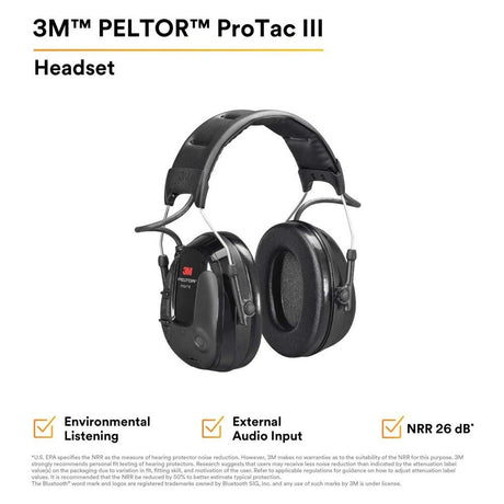 3M MT13H221A ProTac III Electronic Hearing Protector Headset with 3.5 mm External Audio Input and Environmental Listening, Headband, Black (7100088424) - 2