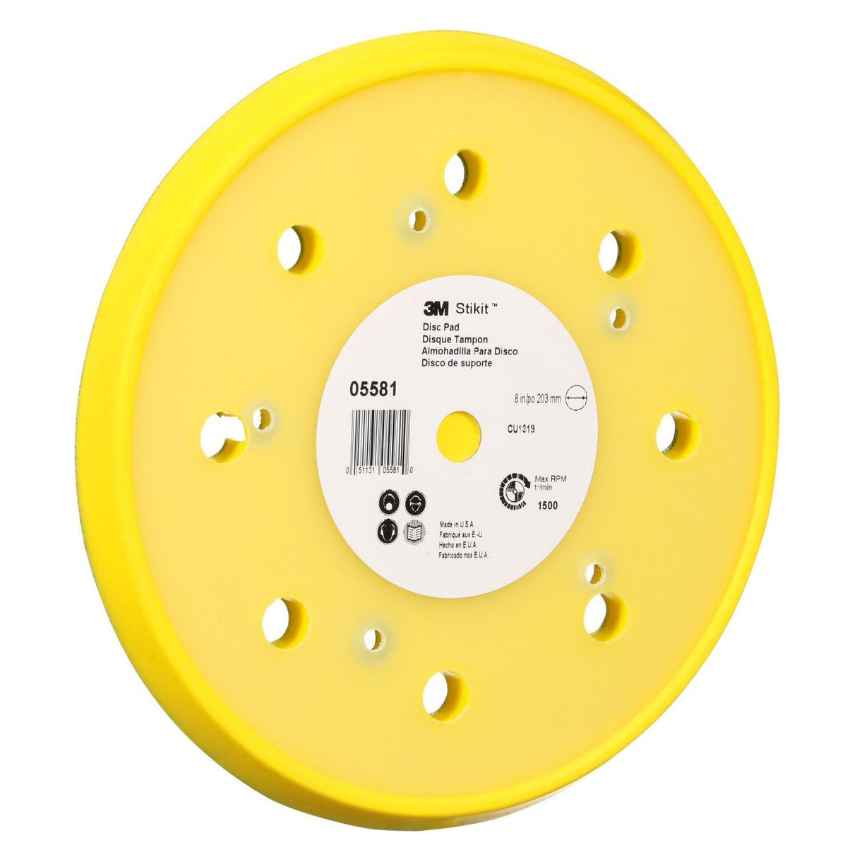 3M 05581 Stikit Abrasive Disc Back-up Pad, Dust Free, PSA, Yellow, 8 in (7100089474) - 3
