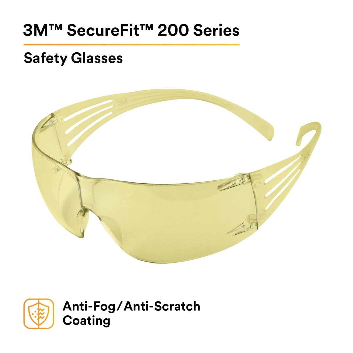 3M SF203AFP SecureFit Safety Glasses, Anti-Fog Plus Anti-Scratch, Amber Lens, Amber Frame, Flexible Temples (7100090617)  - (20 Pack) - 2