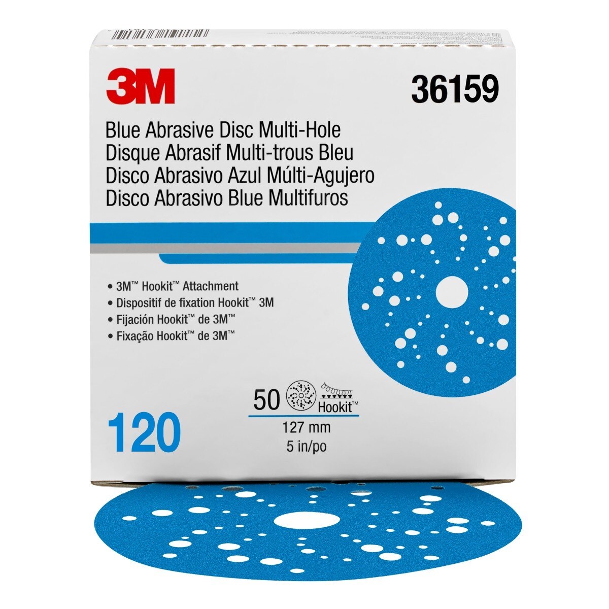 3M 321U 36159 Hookit Blue Abrasive Disc, Multi-Hole, 120 Grit, 5 in Diameter, Paper Backing (7100090976) (16 Pack) - 6
