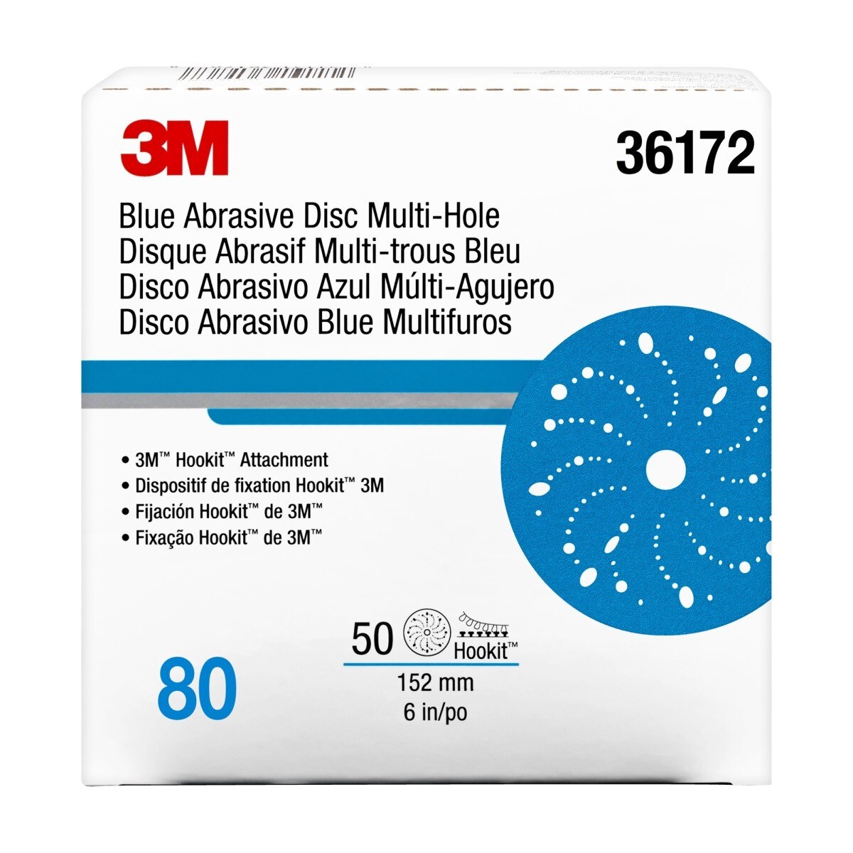 3M 321U 36172 Hookit Blue Abrasive Disc, Multi-Hole, 6 in, 80 Grade (7100091244) (200 Pack) - 7