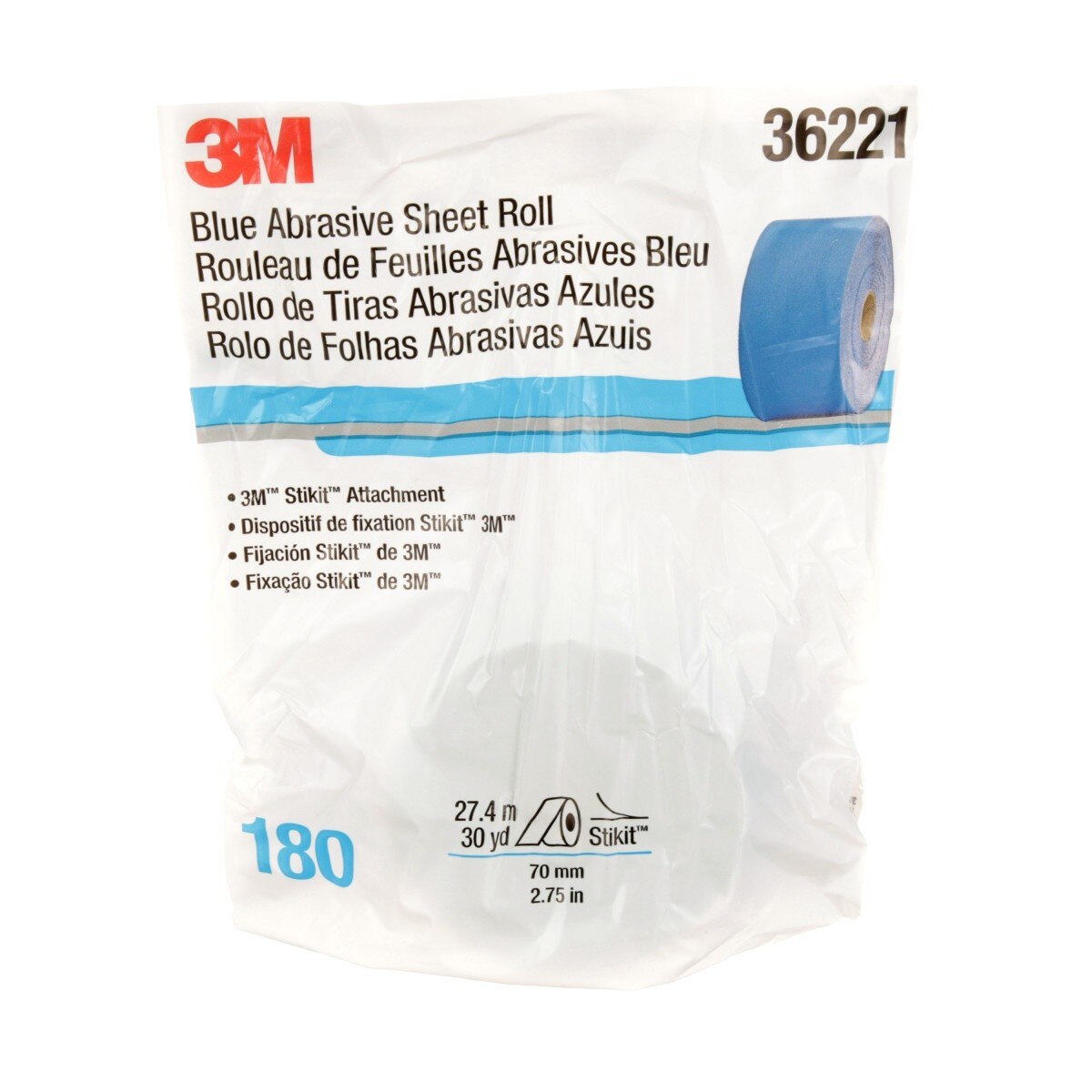 3M 321U Stikit Blue Abrasive Sheet Roll, No Hole, 180 Grade, 2-3/4 in x 30 yd (36221) (7100098556)  - (5Pack) - 5