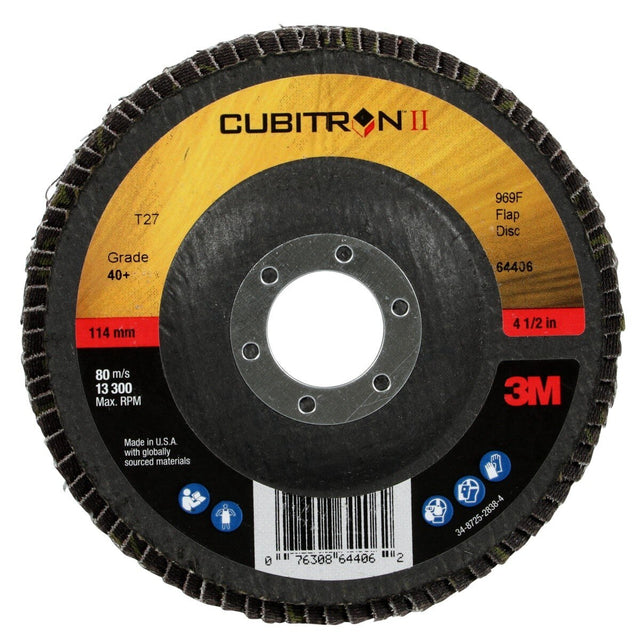 3M 969F Cubitron II Flap Disc 40 Plus T27 4-1/2 in x 7/8 in Giant Polyester Backing (7100104912)  - (10 Pack)