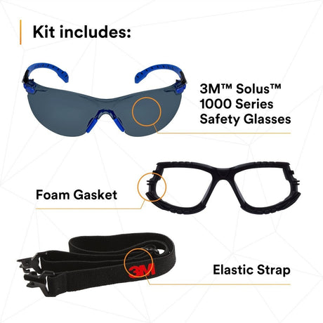 3M S1102SGAF-KT Solus 1000-Series Safety Glasses Kit with Foam Gasket and Elastic Strap, Gray Anti-Fog Lens, Blue Black Frame (7100105846)  - (20 Pack) - 3