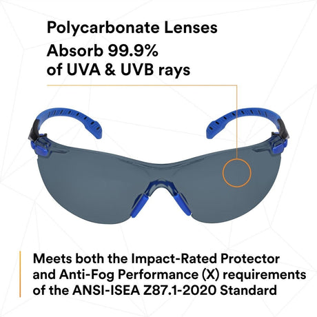 3M S1102SGAF-KT Solus 1000-Series Safety Glasses Kit with Foam Gasket and Elastic Strap, Gray Anti-Fog Lens, Blue Black Frame (7100105846)  - (20 Pack) - 7