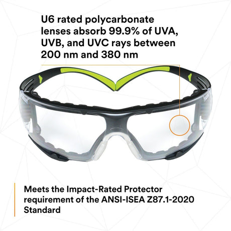 3M SF401AF-FM SecureFit 400 Safety Glasses, Clear Anti-Fog Anti-Scratch Polycarbonate Lens, Green/Black Frame, Foam Gasket, Z87 UV Protection (7100112131) (1 Pair)  - (20Pack) - 7