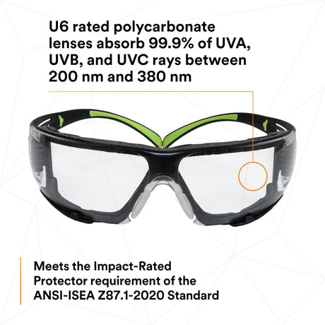 3M SF410AS-FM SecureFit Safety Glasses, Indoor/Outdoor Mirror Anti-Scratch Lens, Green/Black Frame, Removable Foam Gasket, ANSI Z87 UV Protection (7100112223)  - (20Pack) - 6