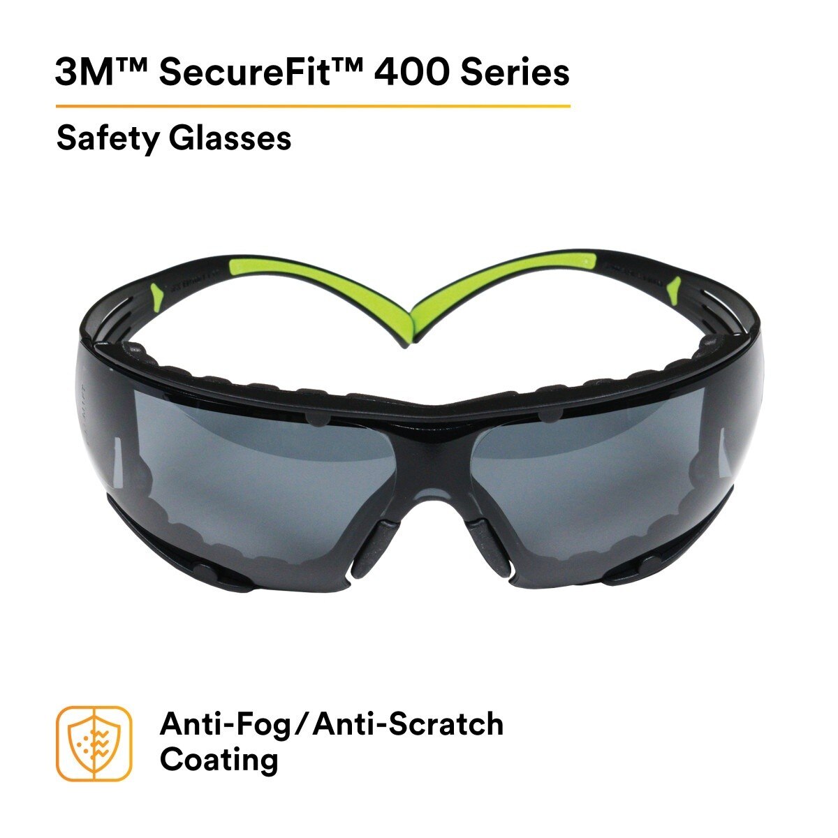 3M SecureFit Safety Glasses, Z87 Plus Anti-Fog Anti-Scratch Gray Lens, Green Black Frame, Removable Foam Gasket, Polycarbonate, UV Protection (SF402AF-FM) (7100112244)  - (20Pack) - 2