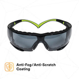 3M SecureFit Safety Glasses, Z87 Plus Anti-Fog Anti-Scratch Gray Lens, Green Black Frame, Removable Foam Gasket, Polycarbonate, UV Protection (SF402AF-FM) (7100112244)  - (20Pack) - 3