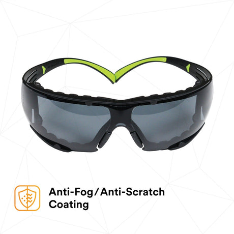 3M SecureFit Safety Glasses, Z87 Plus Anti-Fog Anti-Scratch Gray Lens, Green Black Frame, Removable Foam Gasket, Polycarbonate, UV Protection (SF402AF-FM) (7100112244)  - (20Pack) - 3