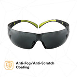 3M SF402AF SecureFit 400 Series Safety Glasses, Anti Fog Anti Scratch, Gray Lens, Black Green Frame (7100112433)  - (20Pack) - 3