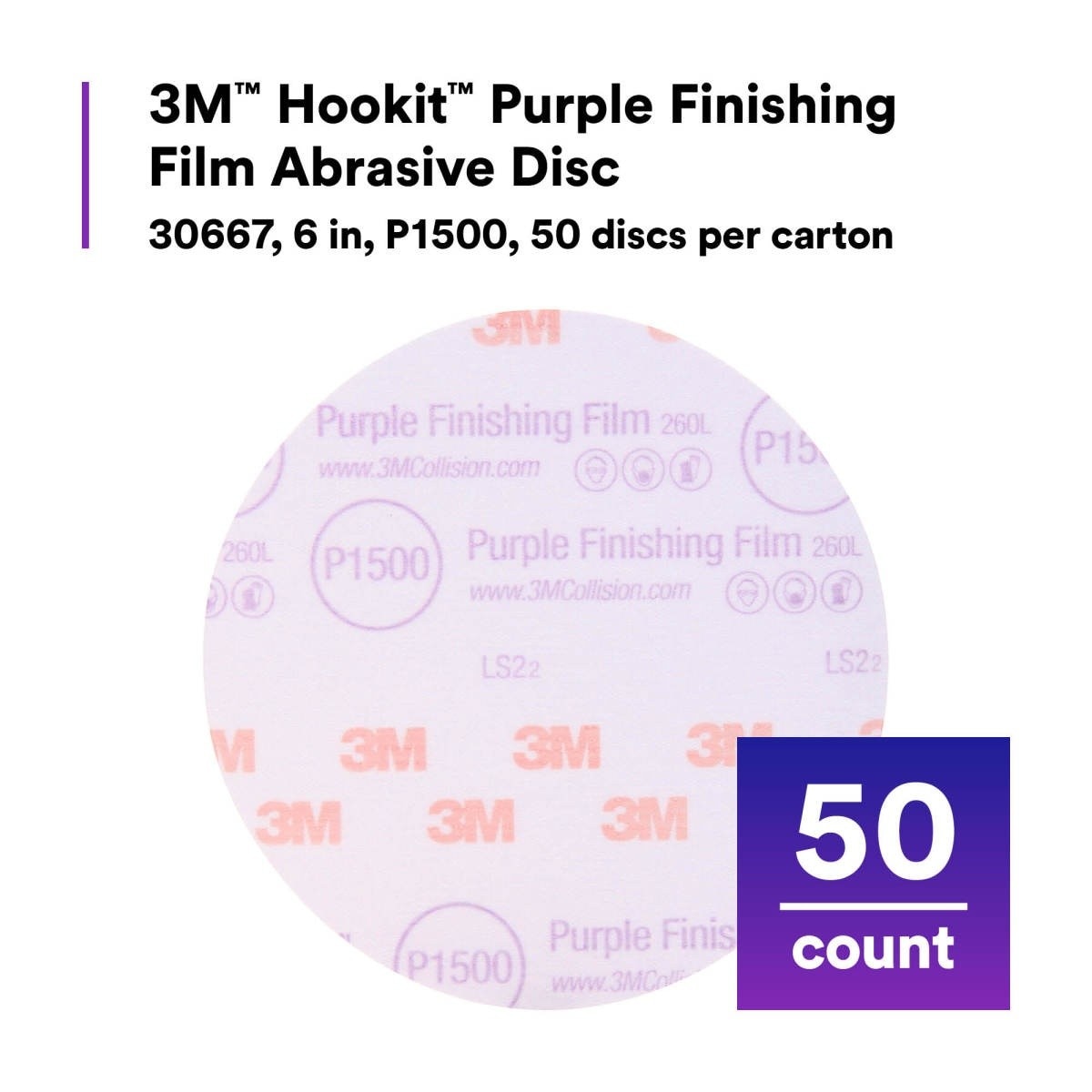 3M 260L 30667 Hookit Purple Finishing Film Abrasive Disc, P1500, Purple, 6 in (7100122795) (200 Pack) - 10