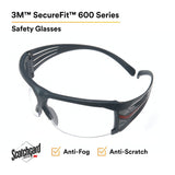 3M SF601SGAF SecureFit 600 Safety Glasses, ANSI Z87, Scotchgard Anti-Fog Clear Lens, Black Frame (7100128689)  - (20Pack) - 2