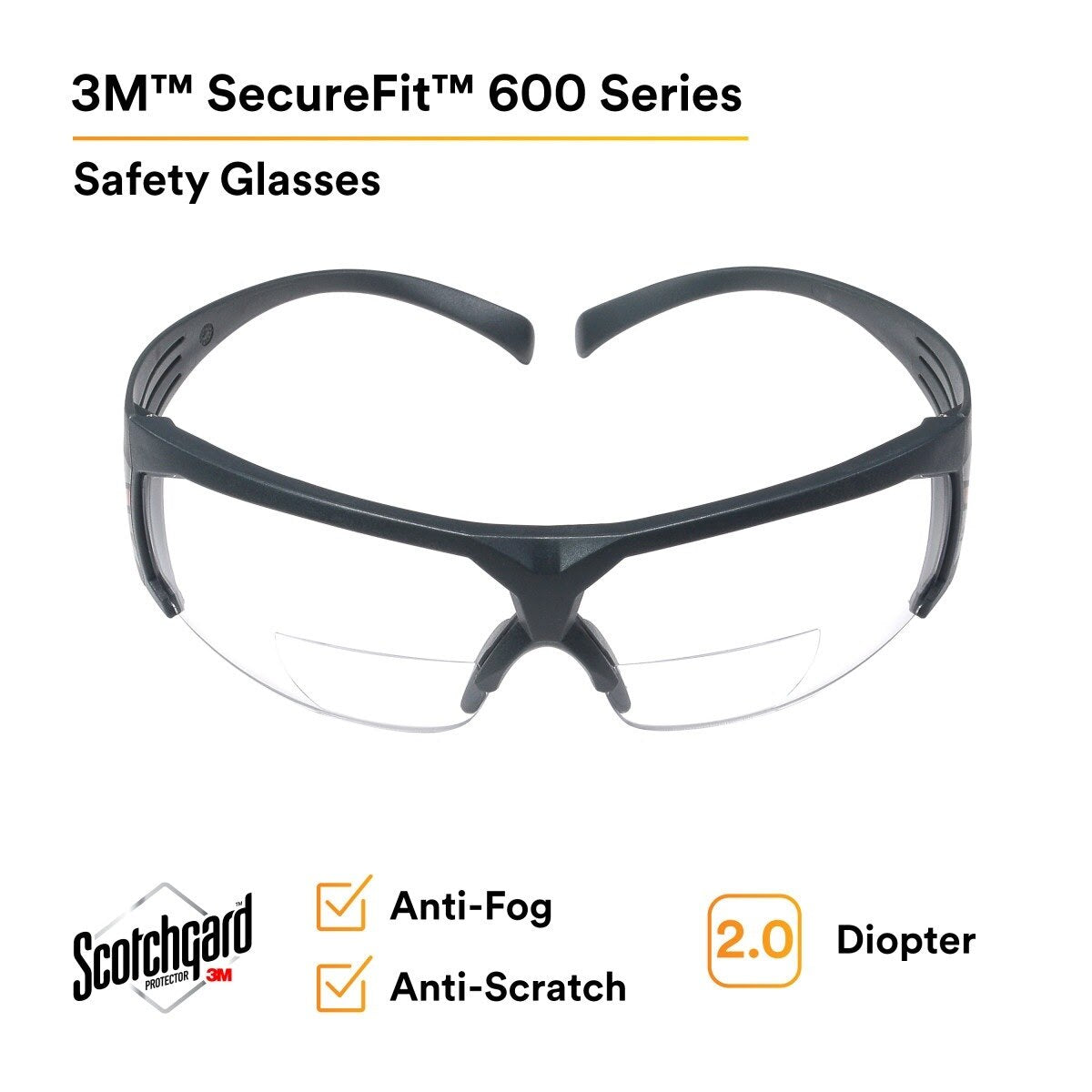 3M SF620SGAF SecureFit, Clear Scotchgard Anti-fog Lens +2.0 Diopter (7100132359)  - (20 Pack) - 2