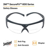 3M SF620SGAF SecureFit, Clear Scotchgard Anti-fog Lens +2.0 Diopter (7100132359)  - (20 Pack) - 2