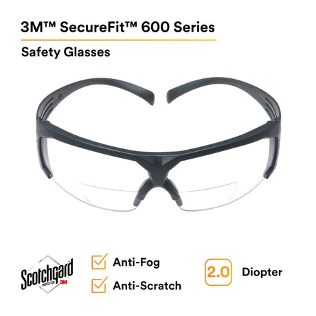 3M SF620SGAF SecureFit, Clear Scotchgard Anti-fog Lens +2.0 Diopter (7100132359)  - (20 Pack) - 2