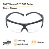 3M SF625SGAF SecureFit Safety Glasses, Clear Scotchgard Anti Fog Anti Scratch Lens, +2.5 Diopter, Gray Temples (7100132360)  - (20Pack) - 2