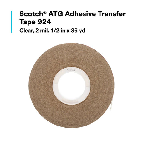 3M Scotch ATG Adhesive Transfer Tape 924 Clear 1/2 in x 36 yd 2 mil Roll (924) (7100137416)  - (72Pack) - 6