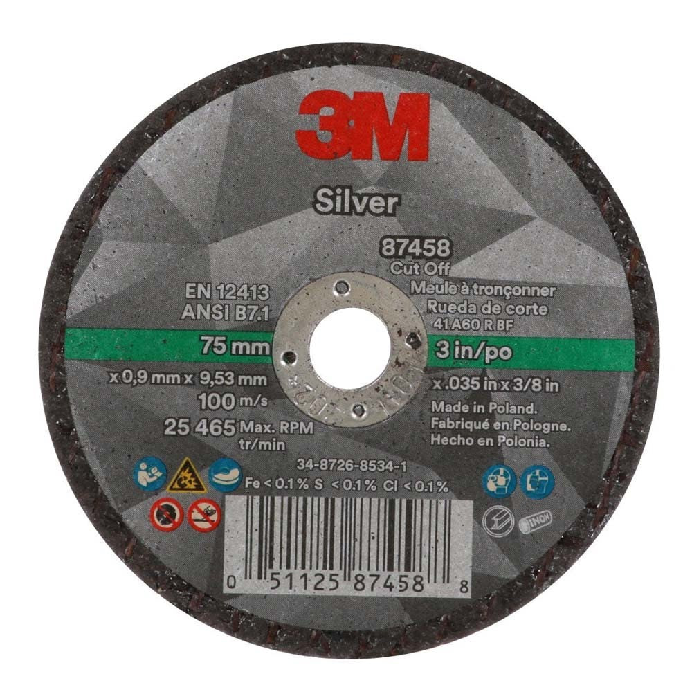 3M 87458 Silver Cut-Off Wheel T1, 3 in x .035 in x 3/8 in for Pipe Cutting on Stainless and Mild Steel (7100139208) (50 Pack)