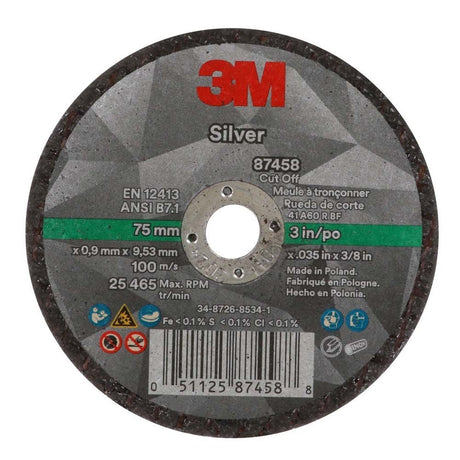 3M 87458 Silver Cut-Off Wheel T1, 3 in x .035 in x 3/8 in for Pipe Cutting on Stainless and Mild Steel (7100139208) (50 Pack)