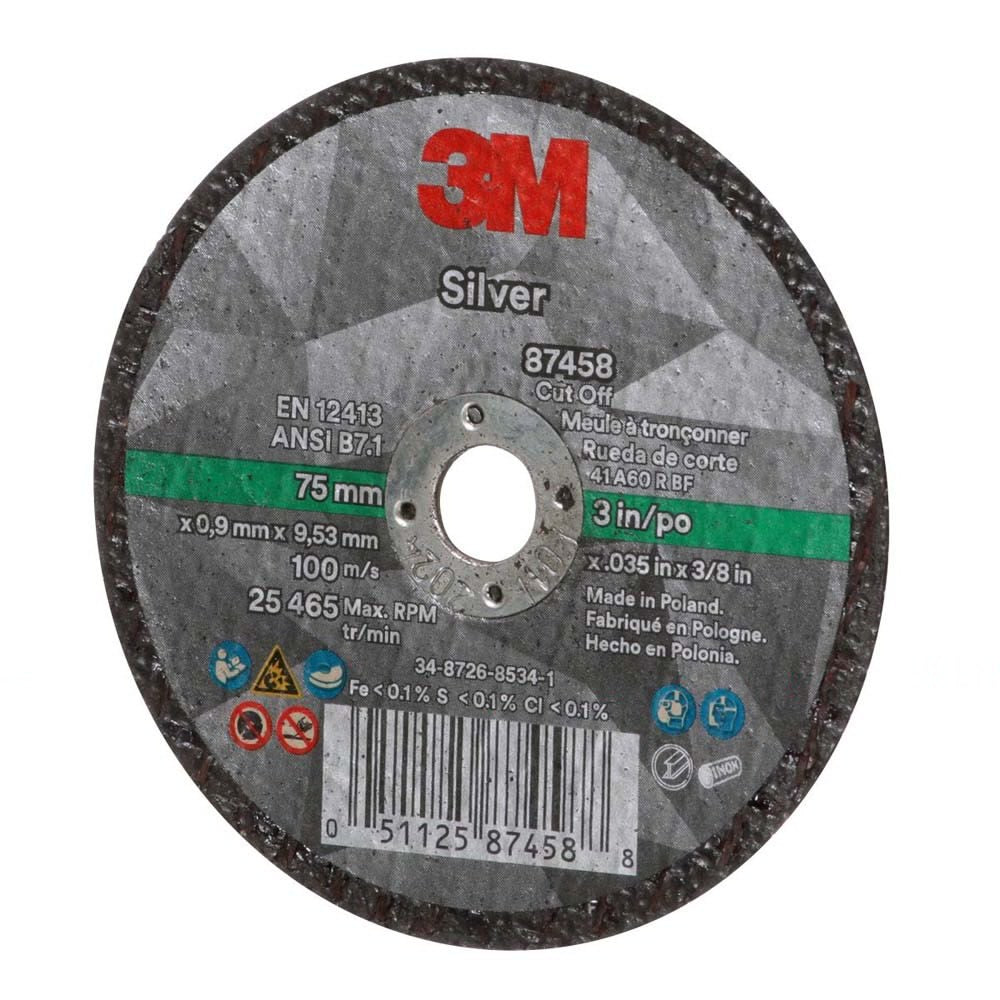 3M 87458 Silver Cut-Off Wheel T1, 3 in x .035 in x 3/8 in for Pipe Cutting on Stainless and Mild Steel (7100139208) (50 Pack) - 3