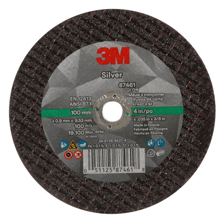 3M 87461 Silver Cut-Off Wheel 60+ T1, Precision Shaped Grain, Black, 4 in x 1/32 in x 3/8 in (7100139214) (50 Pack) - 3