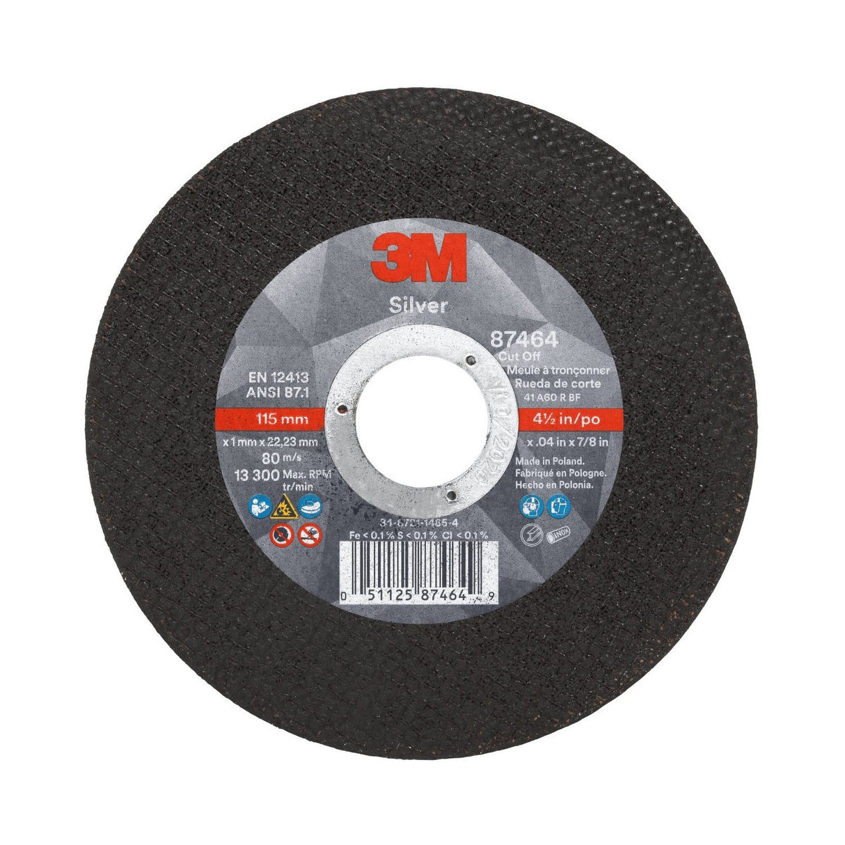 3M 87464 Silver Cut-Off Wheel, T1, 4-1/2 in x 1/8 in x 7/8 in, Precision Shaped Grain, 60+ Grit, Black (7100139226) (50 Pack)