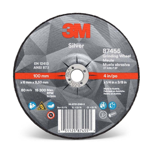 3M 87455 Silver Depressed Center Grinding Wheel, 36+, T27, 4 in x 1/4 in x 3/8 in (7100141077) (20 Pack)