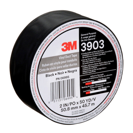 3M 3903 Vinyl Duct Tape, Black, 2 in x 50 yd, 6.5 mil, Individually Wrapped (7100145924)  - (24Pack) - 7