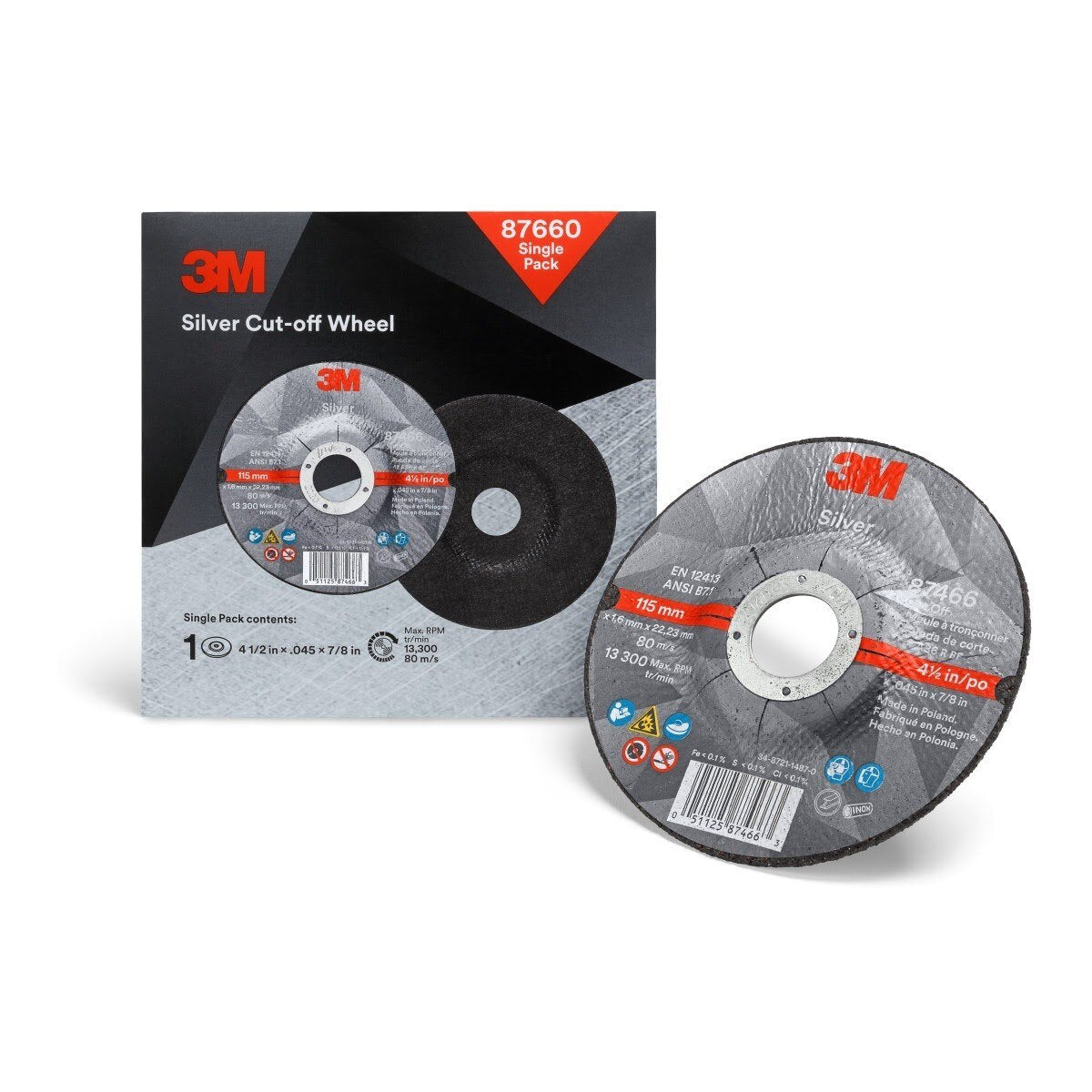 3M 87660 Silver Cut-Off Wheel, 36+, T27, 4.5 in x 0.045 in x 7/8 in (7100147388)  - (10Pack) - 2