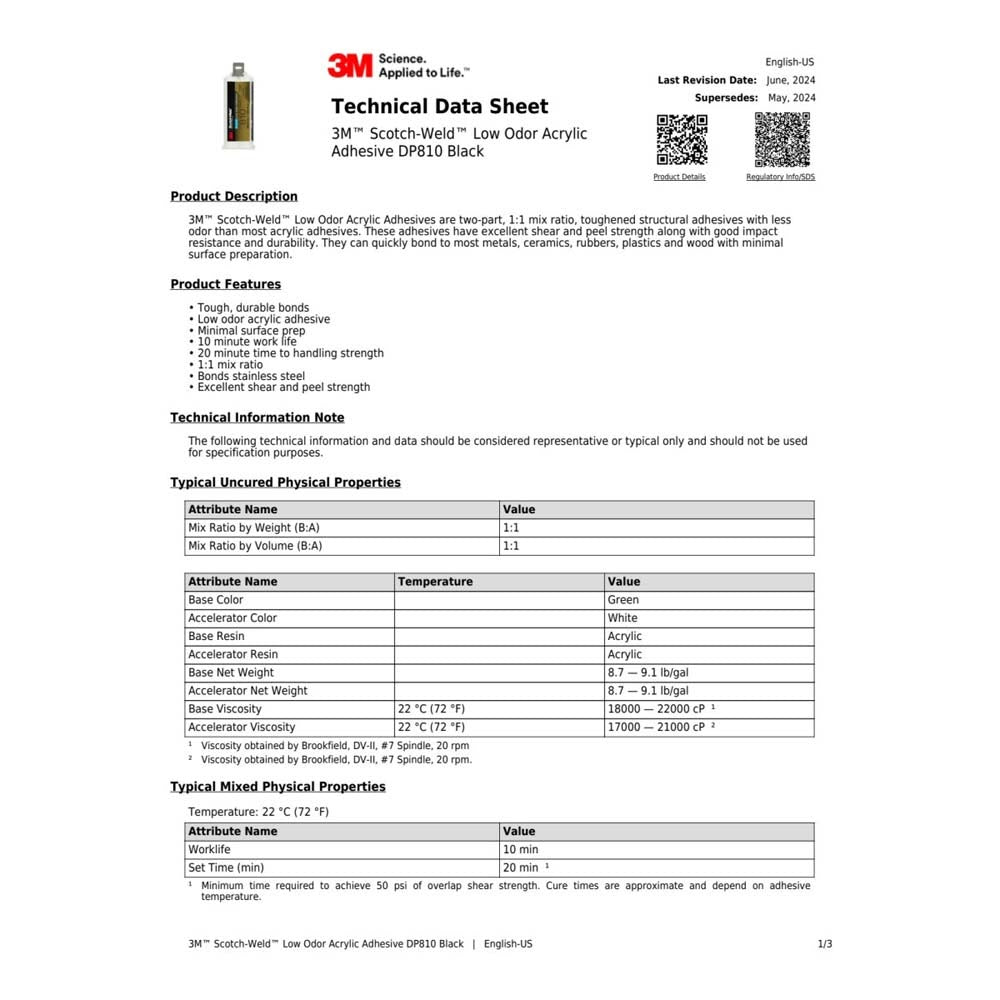 3M 810 DP810-1.64OZ-BLK Scotch-Weld Low Odor Acrylic Adhesive DP, Black, Duo-Pak (7100148732) (12 Pack) - 2