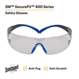 3M SF407SGAF-BLU SecureFit Safety Glasses, 400 Series, ANSI Z87.1, Indoor/Outdoor Gray Lens, Blue/Gray Frame, Anti-Fog Anti-Scratch (7100156103)  - (20 Pack) - 2