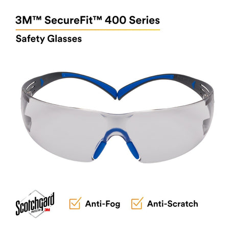 3M SF407SGAF-BLU SecureFit Safety Glasses, 400 Series, ANSI Z87.1, Indoor/Outdoor Gray Lens, Blue/Gray Frame, Anti-Fog Anti-Scratch (7100156103)  - (20 Pack) - 2