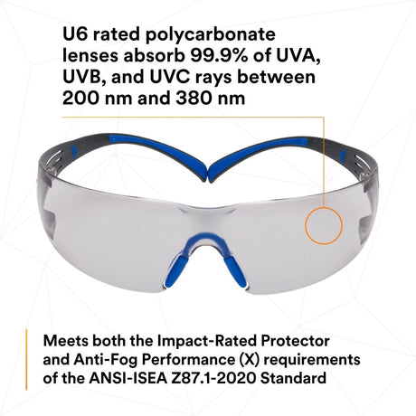 3M SF407SGAF-BLU SecureFit Safety Glasses, 400 Series, ANSI Z87.1, Indoor/Outdoor Gray Lens, Blue/Gray Frame, Anti-Fog Anti-Scratch (7100156103)  - (20 Pack) - 7