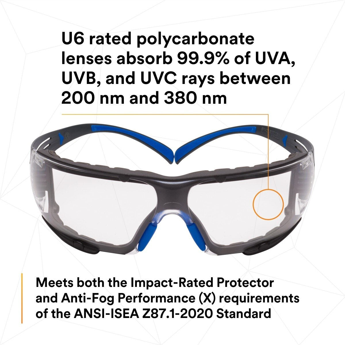 3M SF401SGAF-BLU-F SecureFit 400 Safety Glasses, Clear Polycarbonate Lens with Anti-Fog Anti-Scratch, Blue/Gray Frame, Removable Foam Gasket, ANSI Z87 Eye Protection (7100156104)  - (20 Pack) - 2