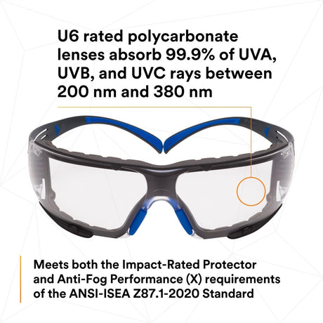 3M SF401SGAF-BLU-F SecureFit 400 Safety Glasses, Clear Polycarbonate Lens with Anti-Fog Anti-Scratch, Blue/Gray Frame, Removable Foam Gasket, ANSI Z87 Eye Protection (7100156104)  - (20 Pack) - 2