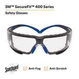 3M SF401SGAF-BLU-F SecureFit 400 Safety Glasses, Clear Polycarbonate Lens with Anti-Fog Anti-Scratch, Blue/Gray Frame, Removable Foam Gasket, ANSI Z87 Eye Protection (7100156104)  - (20 Pack) - 6