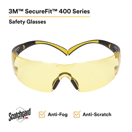 3M SF403SGAF-YEL SecureFit Scotchgard Safety Glasses, Amber Lens, Yellow/Black Frame, Anti-Fog, Anti-Scratch, ANSI Z87 (SF403SGAF-YEL) (7100158219) (Case of 20)  - (20Pack) - 2