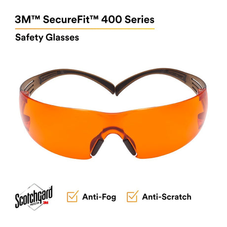 3M SF406SGAF-BLA SecureFit Safety Glasses, Orange Lens, Brown/Black Frame, Anti-Fog Anti-Scratch, ANSI Z87 (7100158220)  - (20 Pack) - 2
