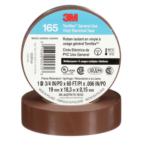3M 165 165BR4A Temflex Vinyl Electrical Tape, Brown, 3/4 in x 60 ft, 6 mil, 600V, PVC Insulating Tape (7100169191) (10 Pack) - 5
