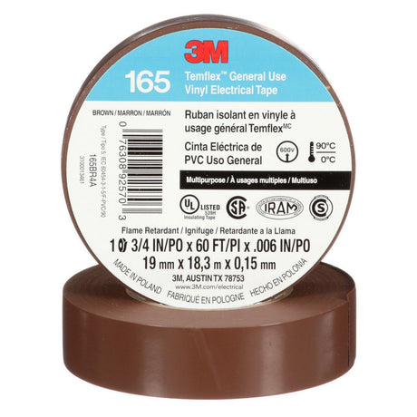 3M 165 165BR4A Temflex Vinyl Electrical Tape, Brown, 3/4 in x 60 ft, 6 mil, 600V, PVC Insulating Tape (7100169191) (10 Pack) - 5