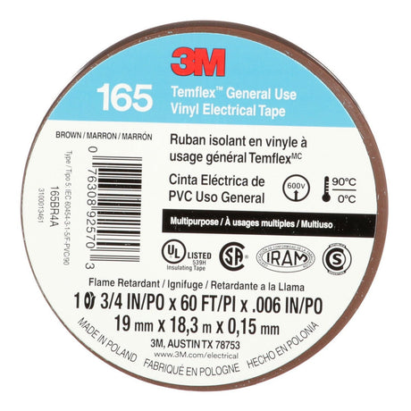 3M 165 165BR4A Temflex Vinyl Electrical Tape, Brown, 3/4 in x 60 ft, 6 mil, 600V, PVC Insulating Tape (7100169191) (10 Pack) - 6