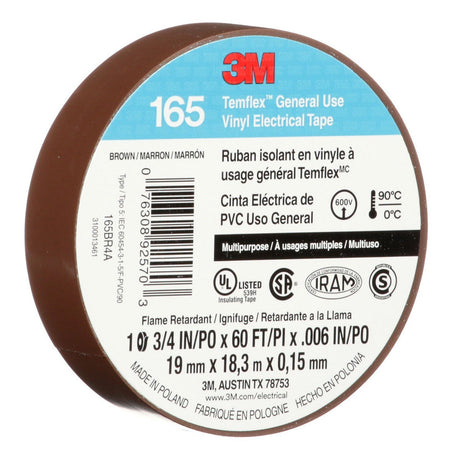 3M 165 165BR4A Temflex Vinyl Electrical Tape, Brown, 3/4 in x 60 ft, 6 mil, 600V, PVC Insulating Tape (7100169191) (10 Pack) - 8