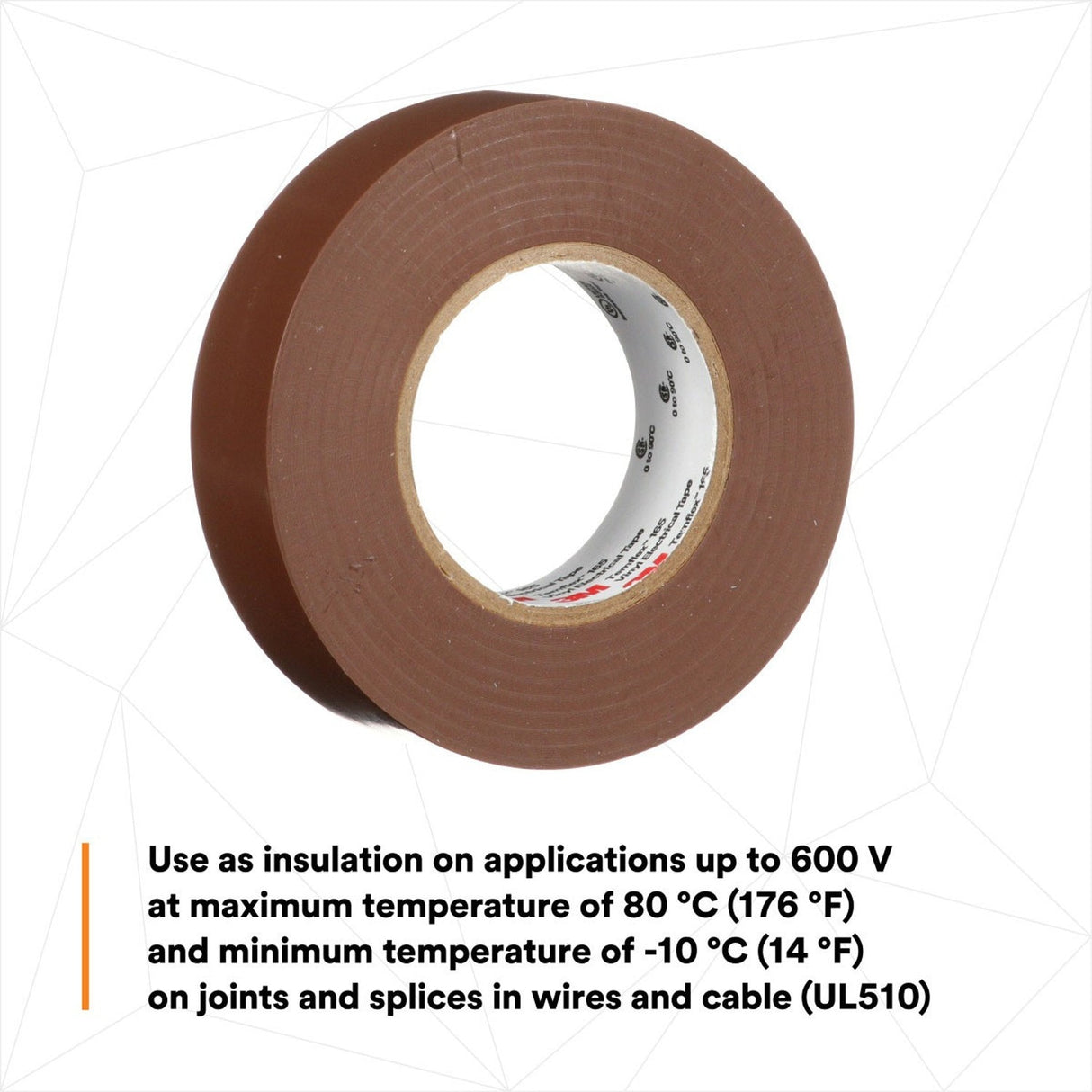 3M 165 165BR4A Temflex Vinyl Electrical Tape, Brown, 3/4 in x 60 ft, 6 mil, 600V, PVC Insulating Tape (7100169191) (10 Pack) - 10