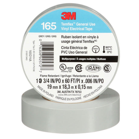 3M 165 Temflex Vinyl Electrical Tape, Gray, 0.75 in x 60 ft, 6 mil (165GY4A) (7100169192) (10 Roll Pack)  - (10Pack) - 2