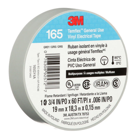 3M 165 Temflex Vinyl Electrical Tape, Gray, 0.75 in x 60 ft, 6 mil (165GY4A) (7100169192) (10 Roll Pack)  - (10Pack) - 4