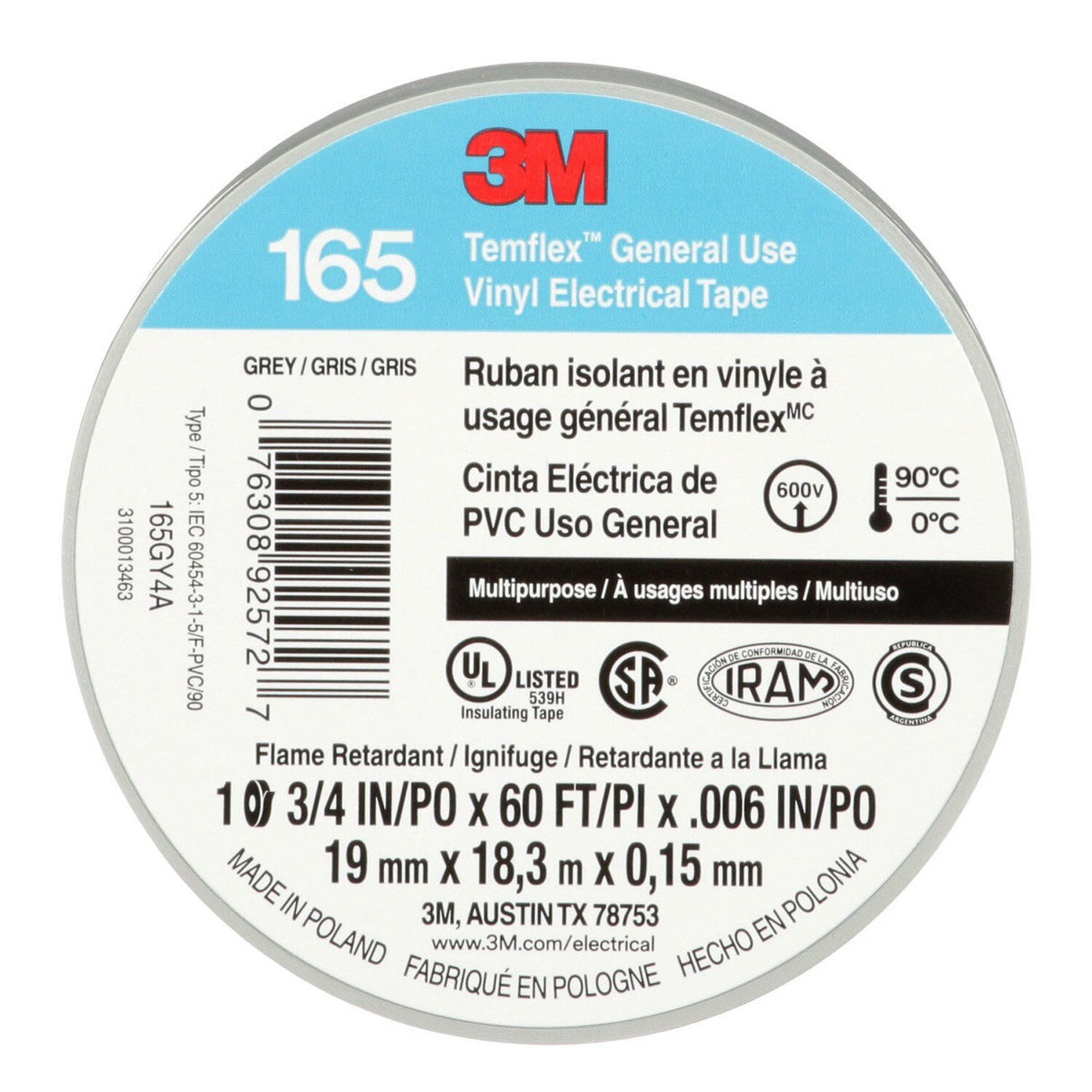 3M 165 Temflex Vinyl Electrical Tape, Gray, 0.75 in x 60 ft, 6 mil (165GY4A) (7100169192) (10 Roll Pack)  - (10Pack) - 5
