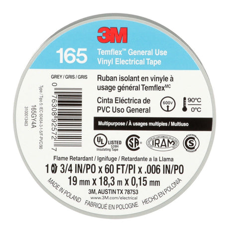 3M 165 Temflex Vinyl Electrical Tape, Gray, 0.75 in x 60 ft, 6 mil (165GY4A) (7100169192) (10 Roll Pack)  - (10Pack) - 5