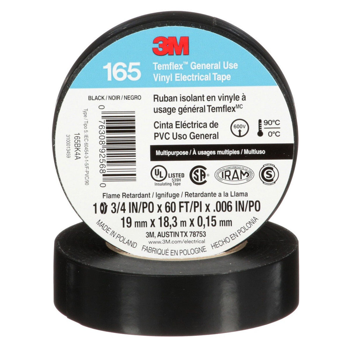 3M 165BK4A Temflex Vinyl Electrical Tape 165 Black 3/4 in x 60 ft x 0 in Multi-Purpose (7100169254)  - (100 Pack)