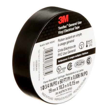 3M 165BK4A Temflex Vinyl Electrical Tape 165 Black 3/4 in x 60 ft x 0 in Multi-Purpose (7100169254)  - (100 Pack) - 5